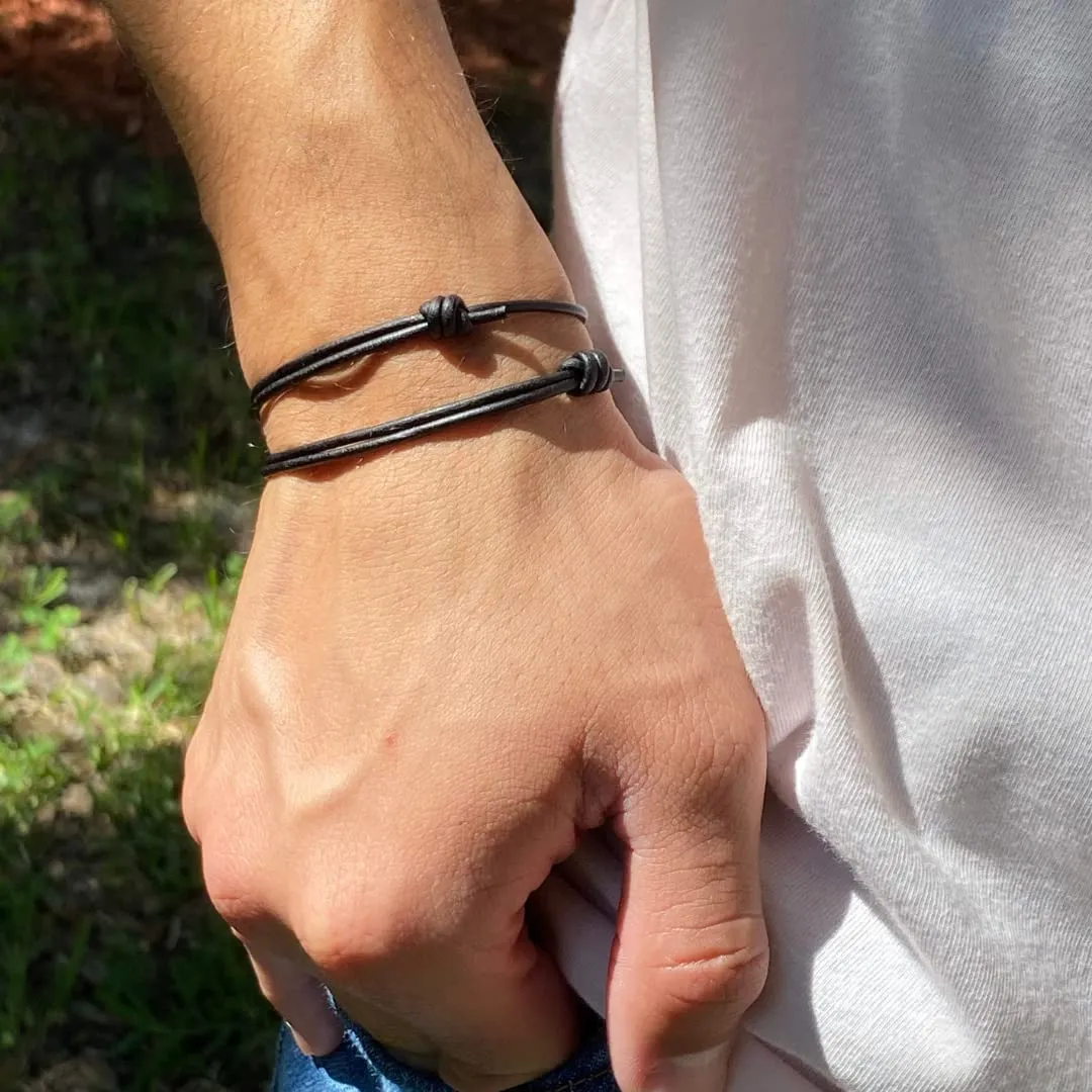 1.5 mm Men Genuine Leather Bracelet - Handmade Adjustable Cuff, Mens Minimalism Leather Wrap Wristband, Simple Accessories, Premium Leather, Women Gift To Boyfriend, Pulsera Hombre (Black)