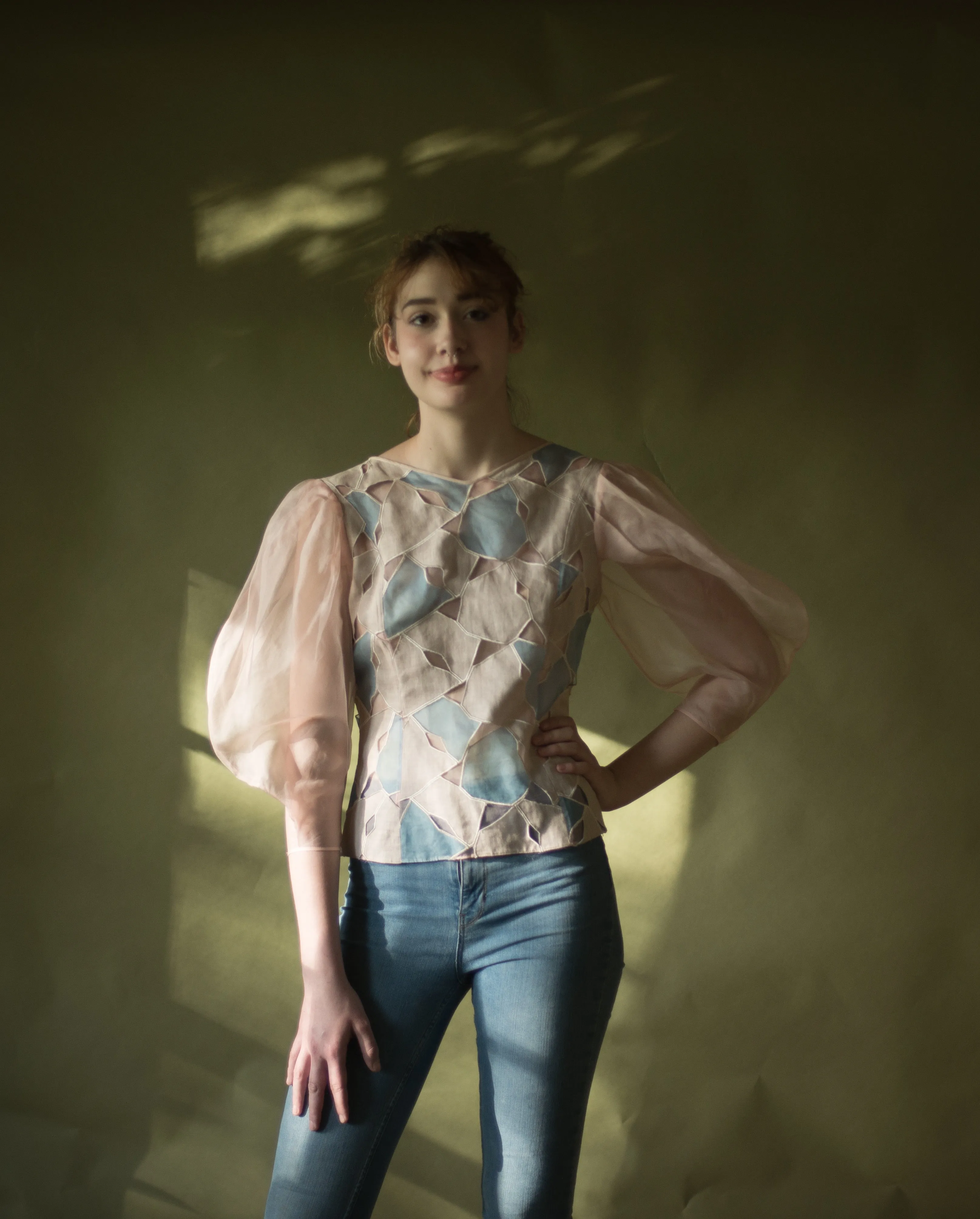 70s linen and organza patchwork lantern sleeve blouse, 36” bust