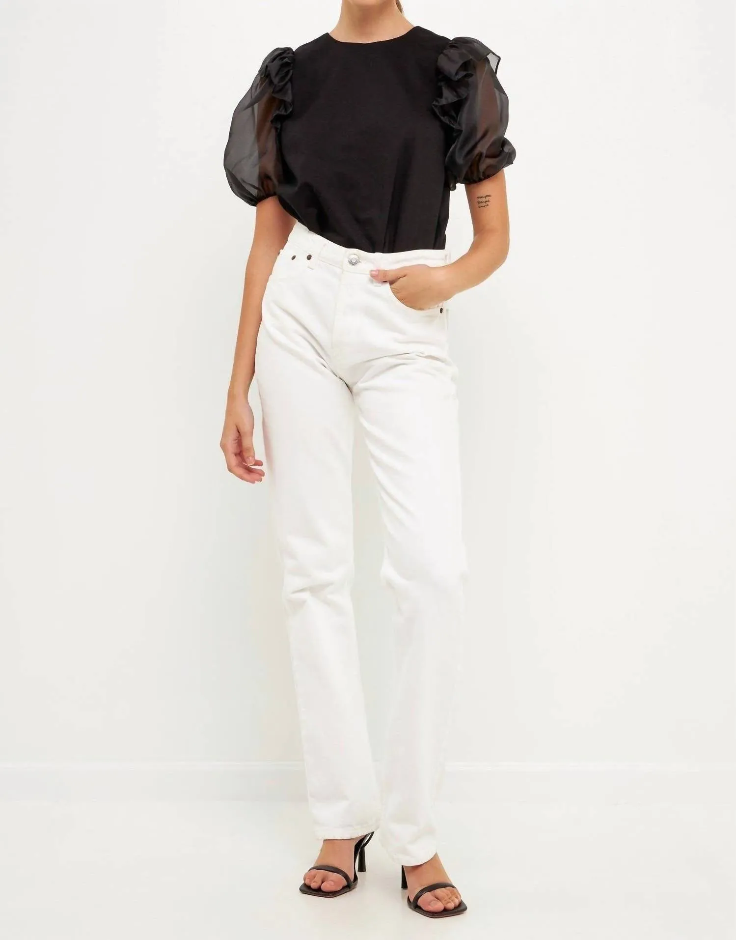 Ace Of Spades Sheer Sleeve Top in Black
