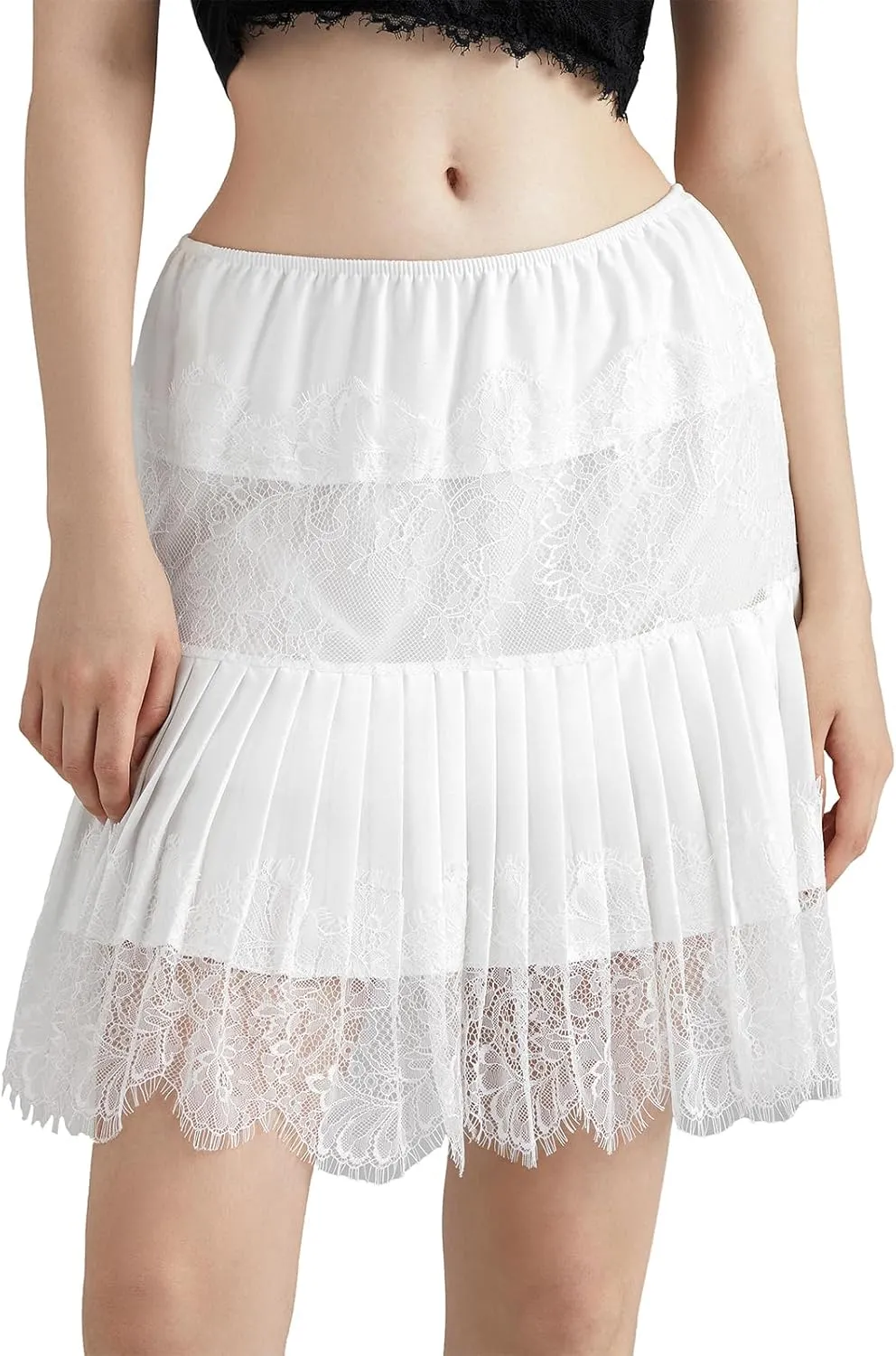 Amuver Women Y2k Lace Mini Skirt Pleated Flowy Half Slip Short Skirts Ruffled Layered Shirt Extender Underskirt
