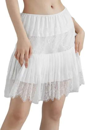 Amuver Women Y2k Lace Mini Skirt Pleated Flowy Half Slip Short Skirts Ruffled Layered Shirt Extender Underskirt