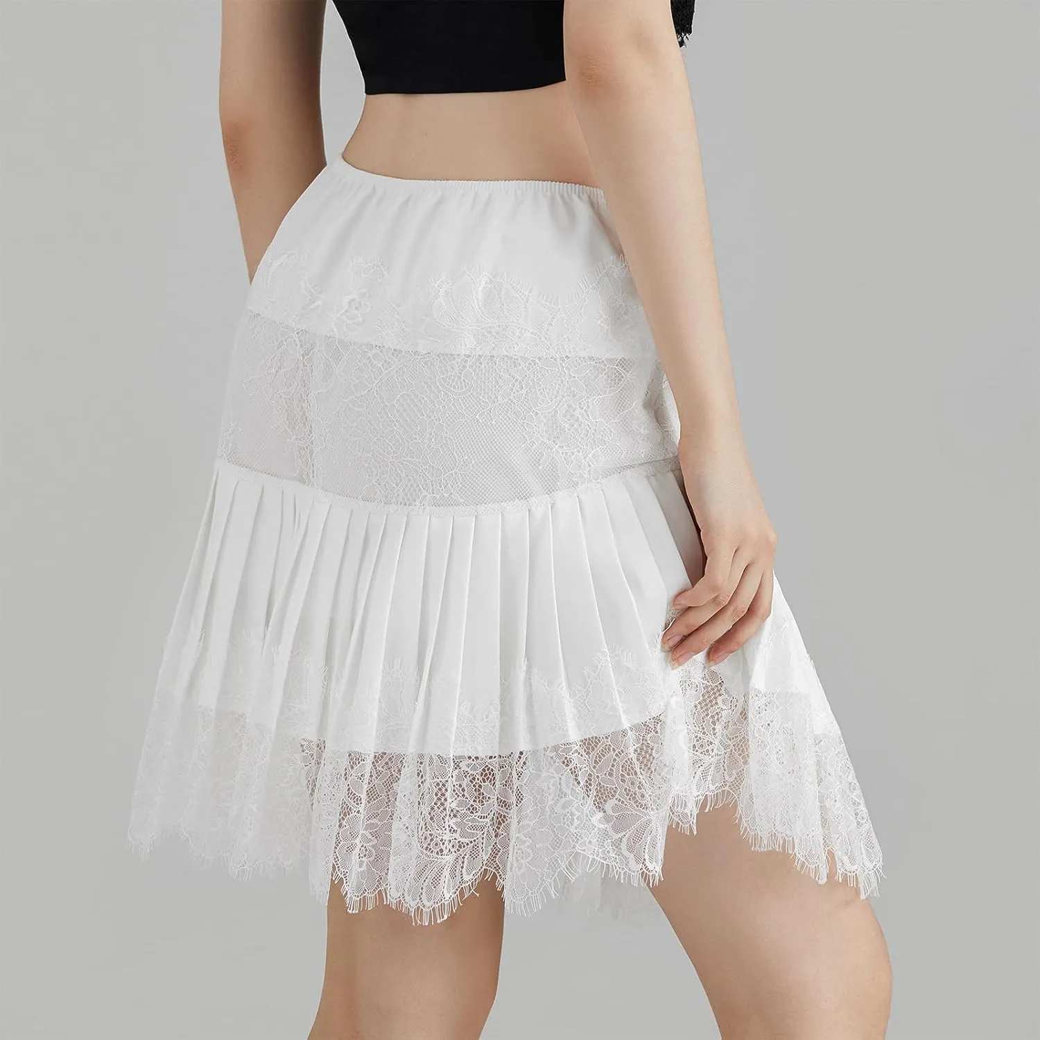 Amuver Women Y2k Lace Mini Skirt Pleated Flowy Half Slip Short Skirts Ruffled Layered Shirt Extender Underskirt