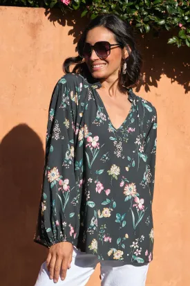 Arabella Floral Long Sleeve Top Forest Green