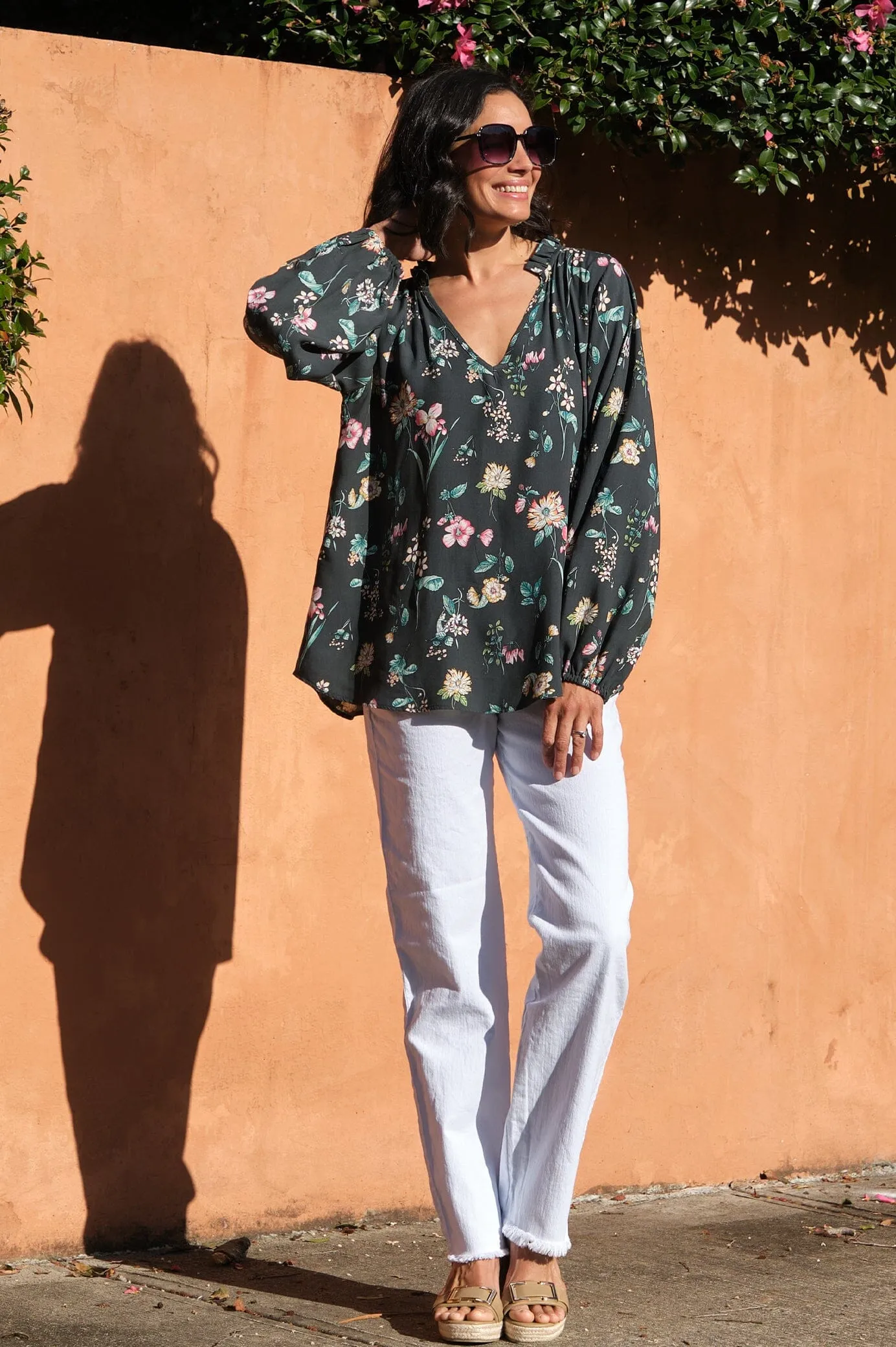 Arabella Floral Long Sleeve Top Forest Green