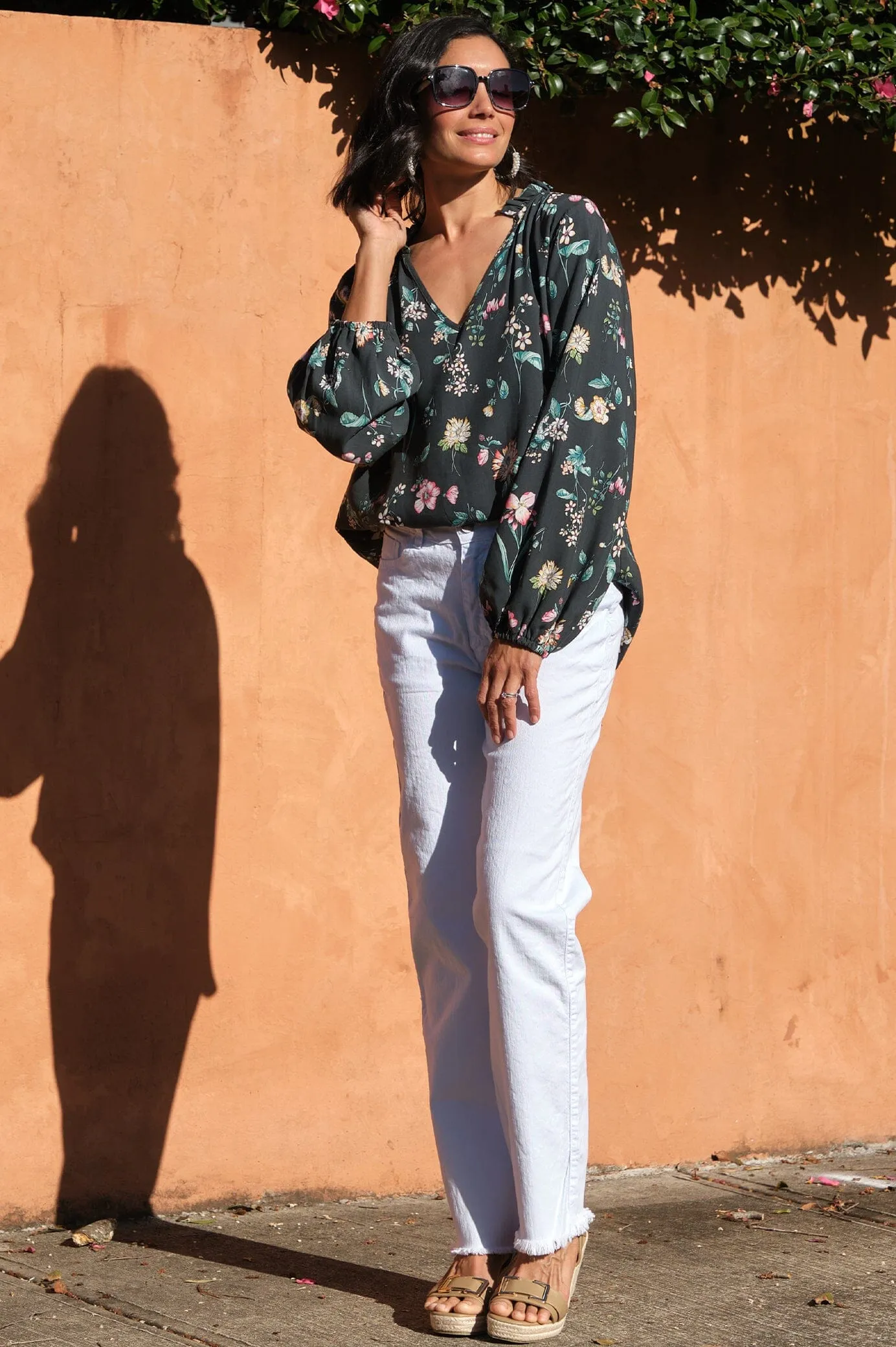 Arabella Floral Long Sleeve Top Forest Green