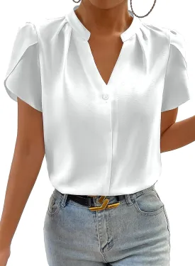 Astylish Women's Dressy Notched V Neck Tops Business Work Cap Sleeve Chiffon Blouse Shirts