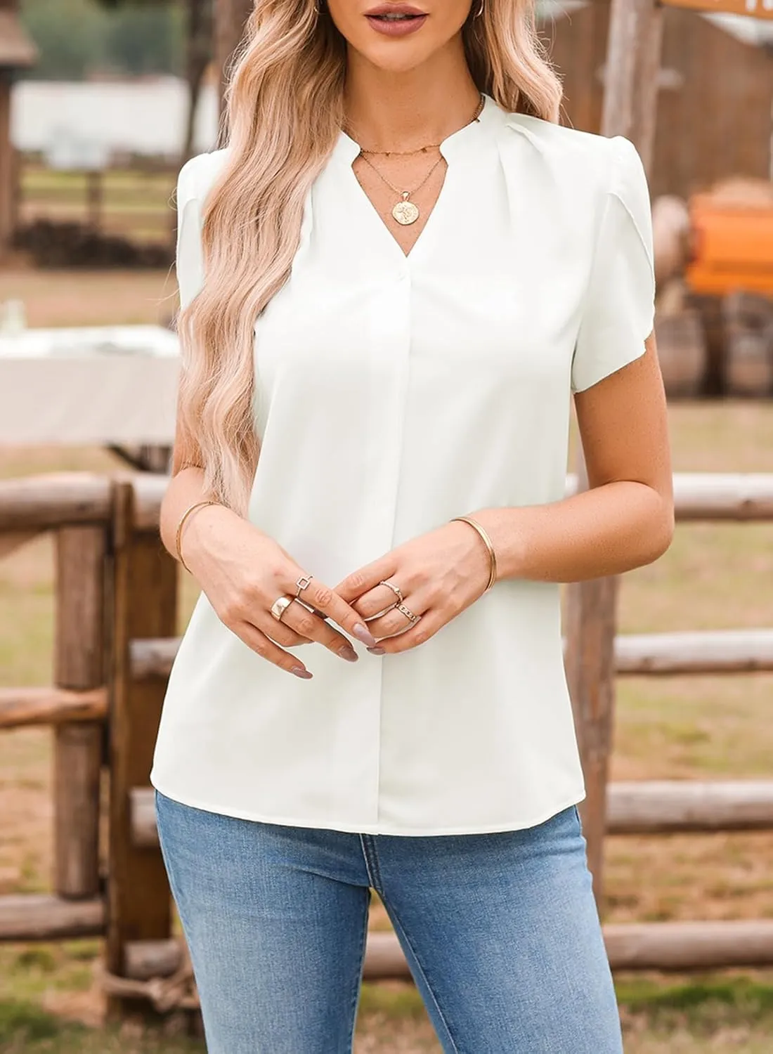 Astylish Women's Dressy Notched V Neck Tops Business Work Cap Sleeve Chiffon Blouse Shirts