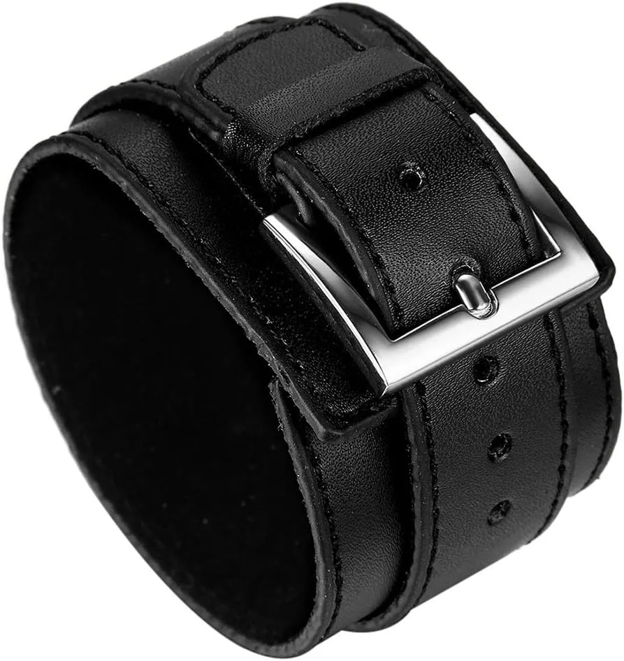 Avaner Wide Leather Cuff Bracelet, Punk Leather Bangle Wrap, Gothic Rock Biker Wristband Strap Black