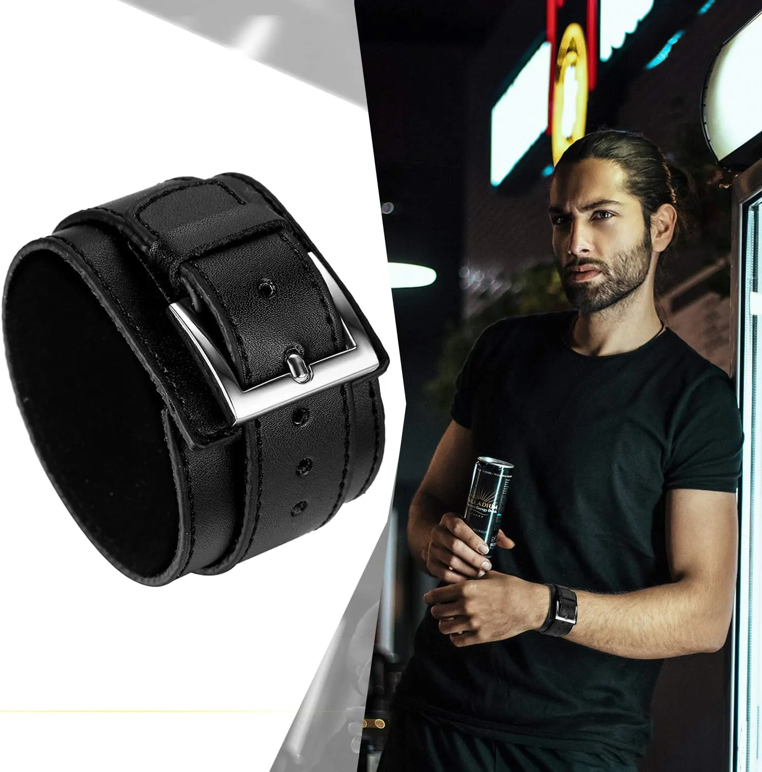 Avaner Wide Leather Cuff Bracelet, Punk Leather Bangle Wrap, Gothic Rock Biker Wristband Strap Black