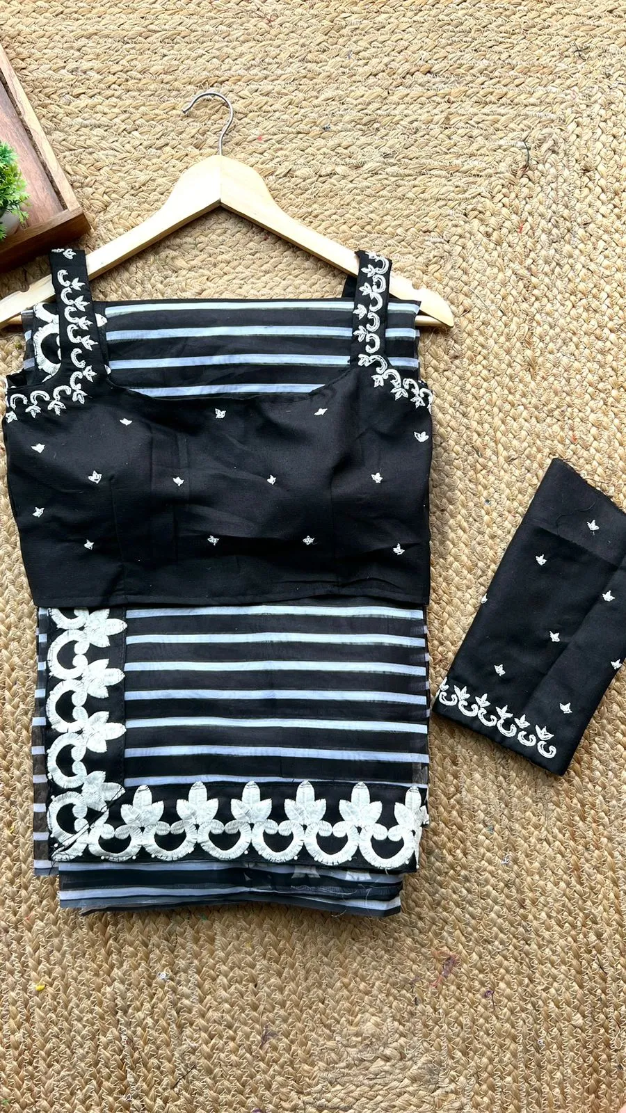 Black & white organza designer saree with handwork blouse