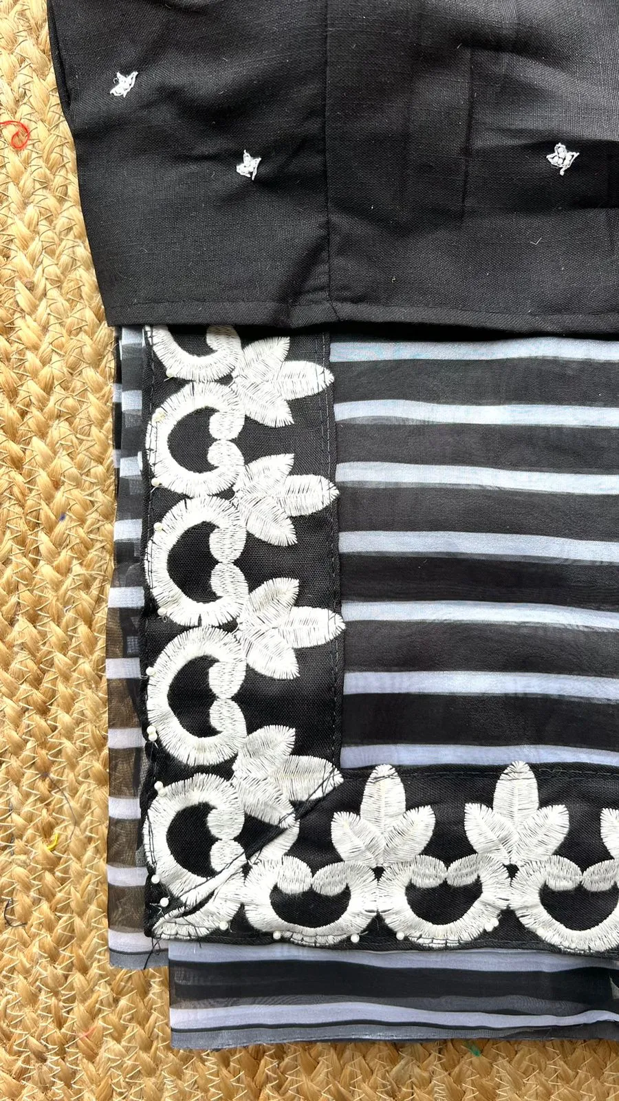 Black & white organza designer saree with handwork blouse