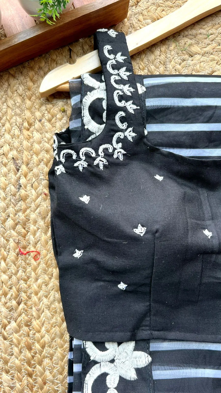 Black & white organza designer saree with handwork blouse
