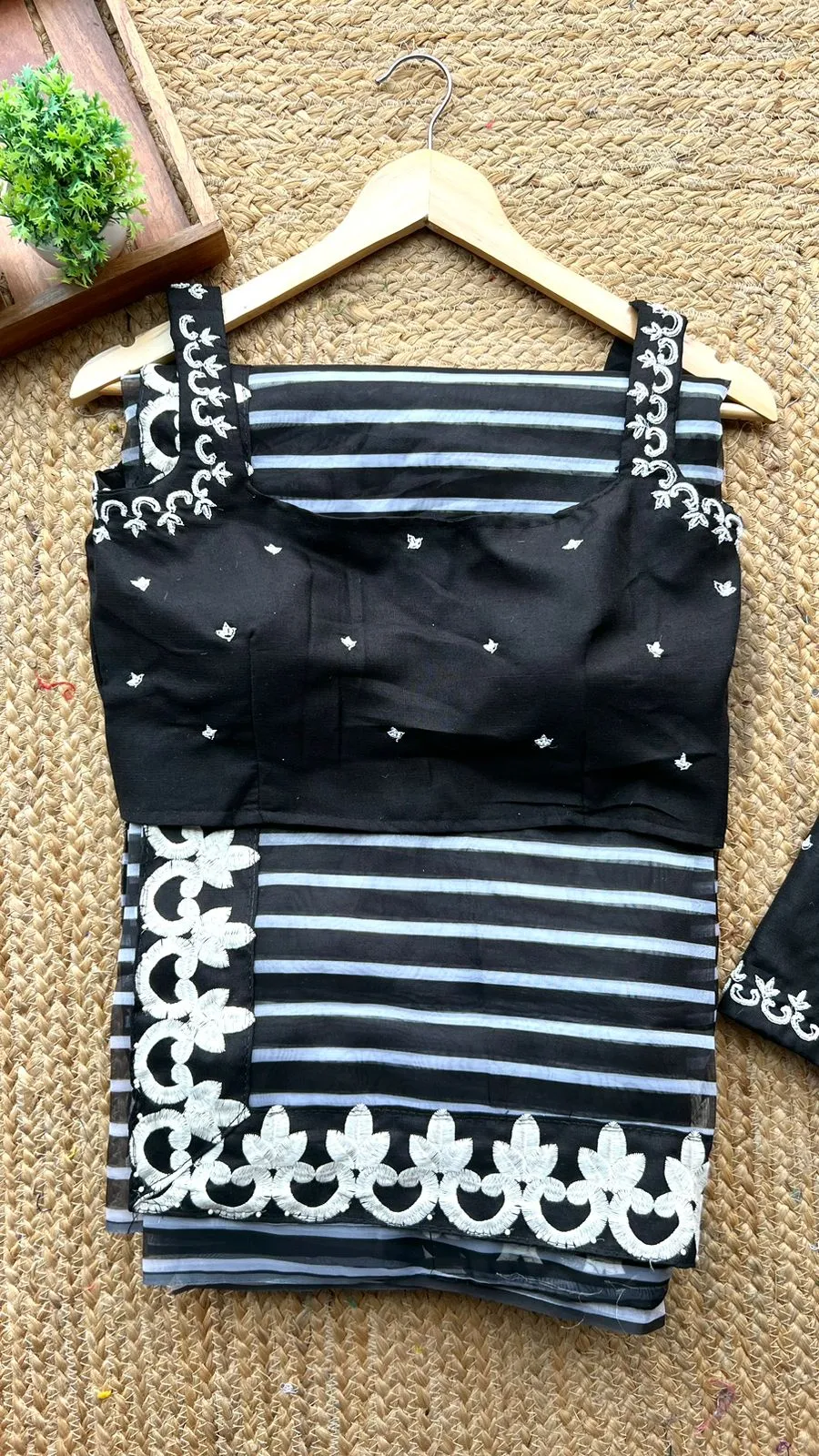 Black & white organza designer saree with handwork blouse