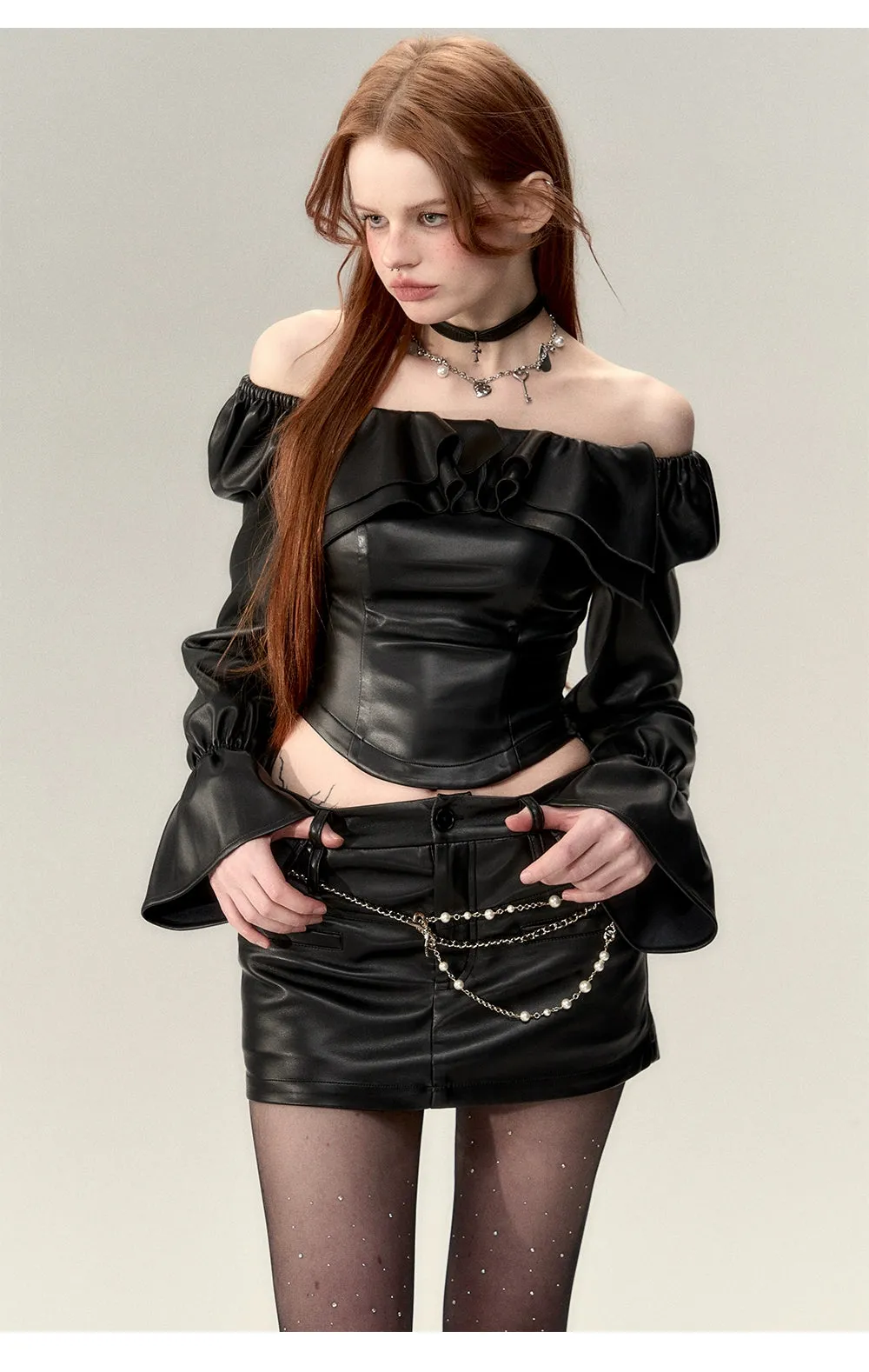 Black Bubble Sleeve Off-Shoulder Leather Blouse