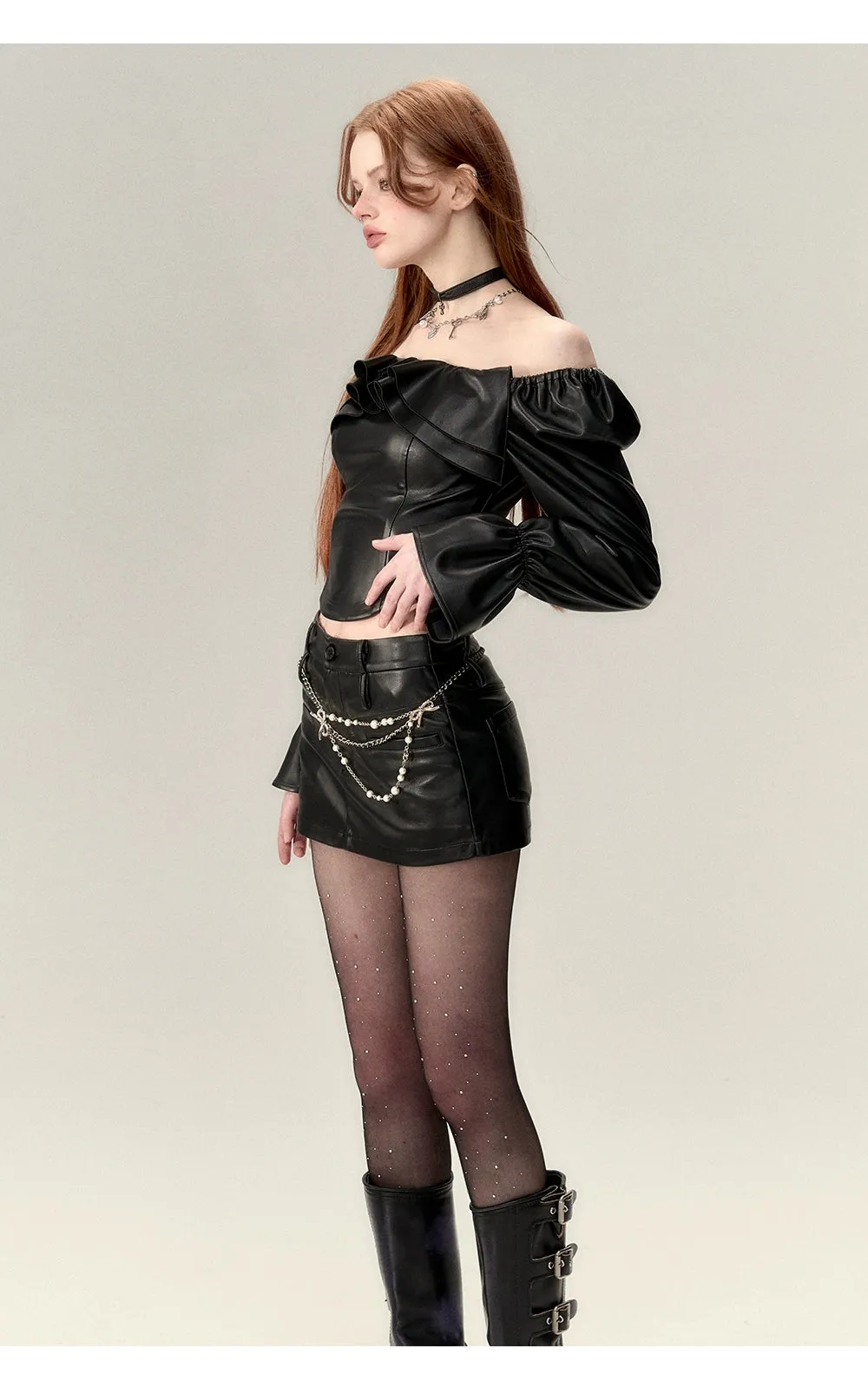 Black Bubble Sleeve Off-Shoulder Leather Blouse