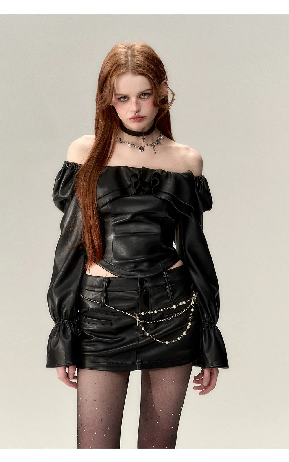 Black Bubble Sleeve Off-Shoulder Leather Blouse