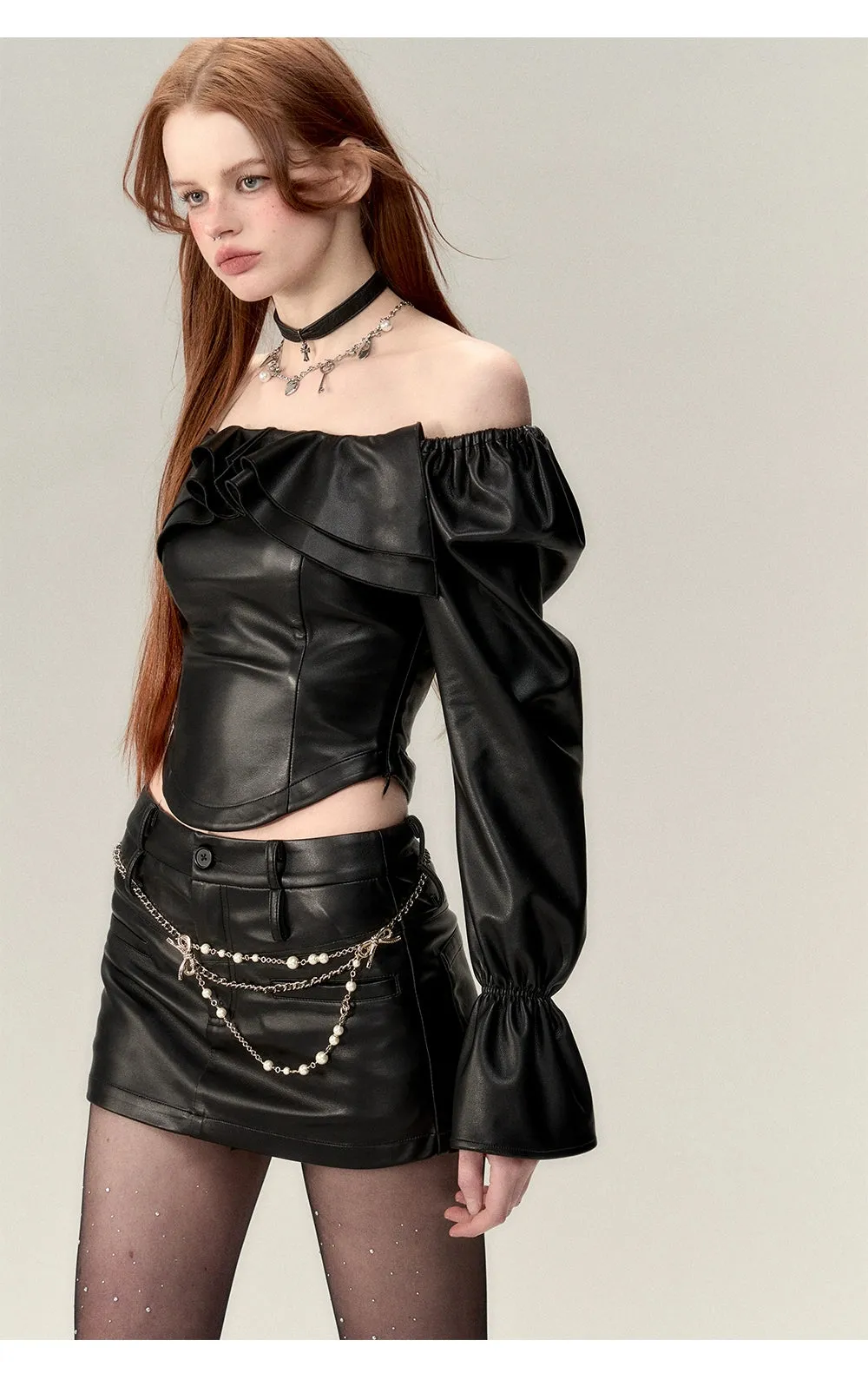 Black Bubble Sleeve Off-Shoulder Leather Blouse