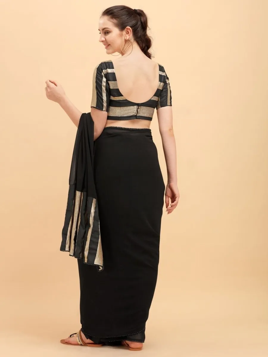 Black Copper Solid Stripped Woven Border Saree with Woven Blouse