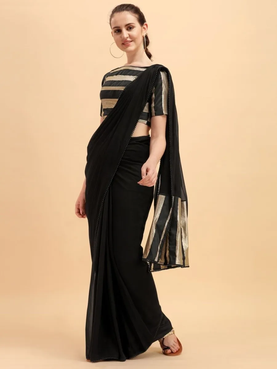Black Copper Solid Stripped Woven Border Saree with Woven Blouse