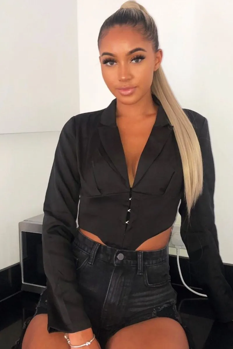 Black Corset Detail Plunge Blouse - Poppy