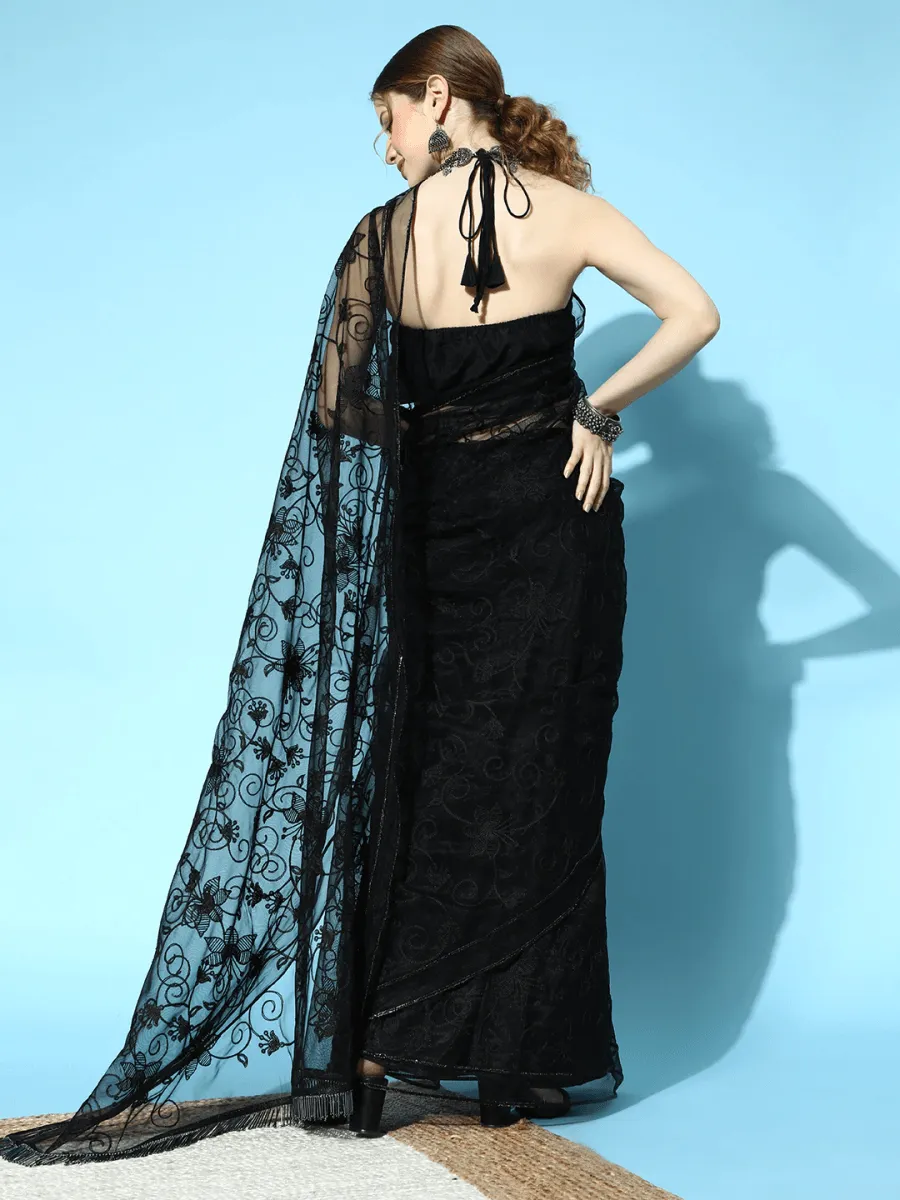 Black Embroidered Net Saree with Blouse Piece