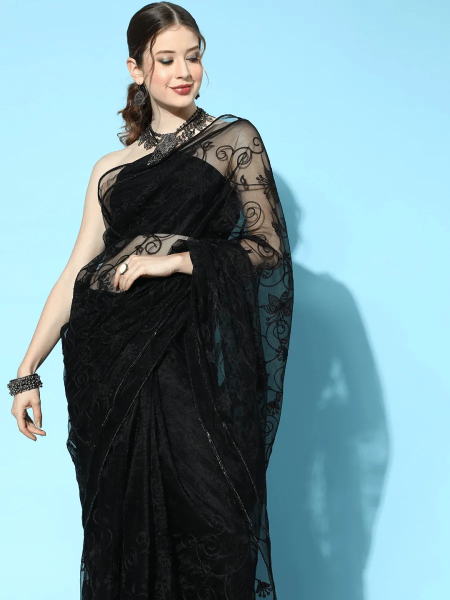 Black Embroidered Net Saree with Blouse Piece