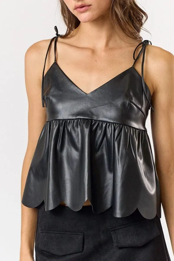 Black Faux Leather Scalloped Top