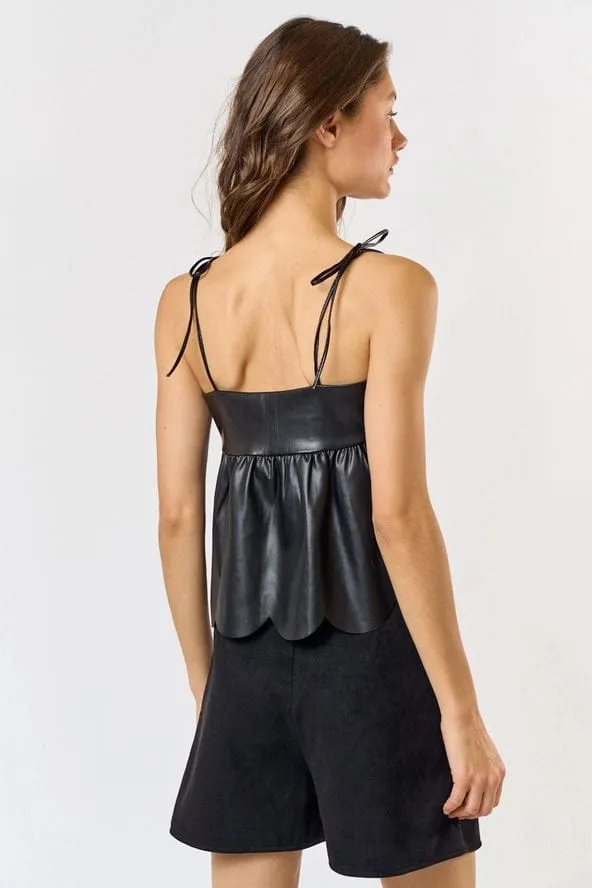 Black Faux Leather Scalloped Top