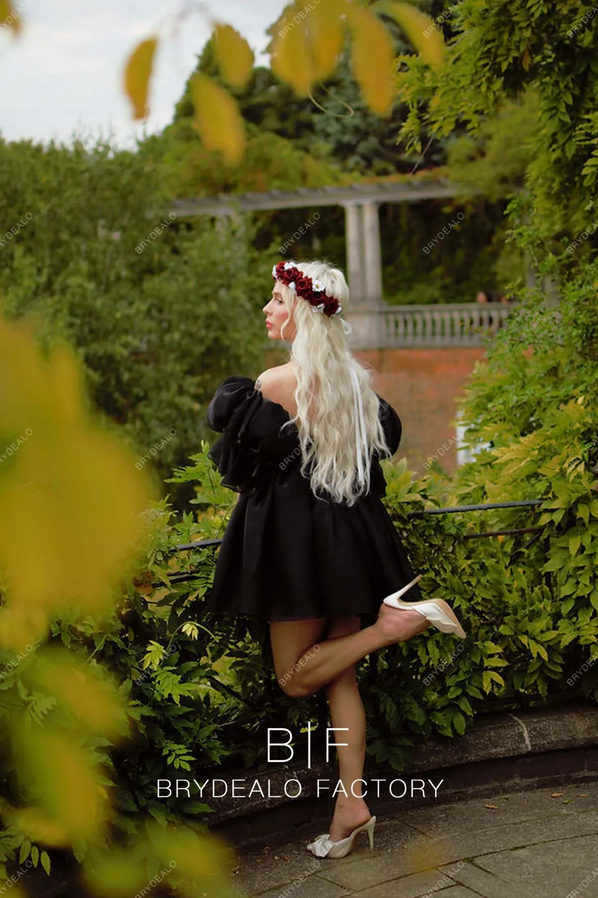 Black Organza Marie Sleeve Off Shoulder Short Homecoming Graduation Dress