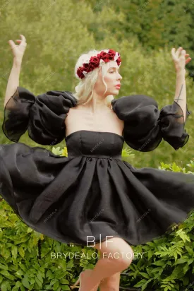 Black Organza Marie Sleeve Off Shoulder Short Homecoming Graduation Dress