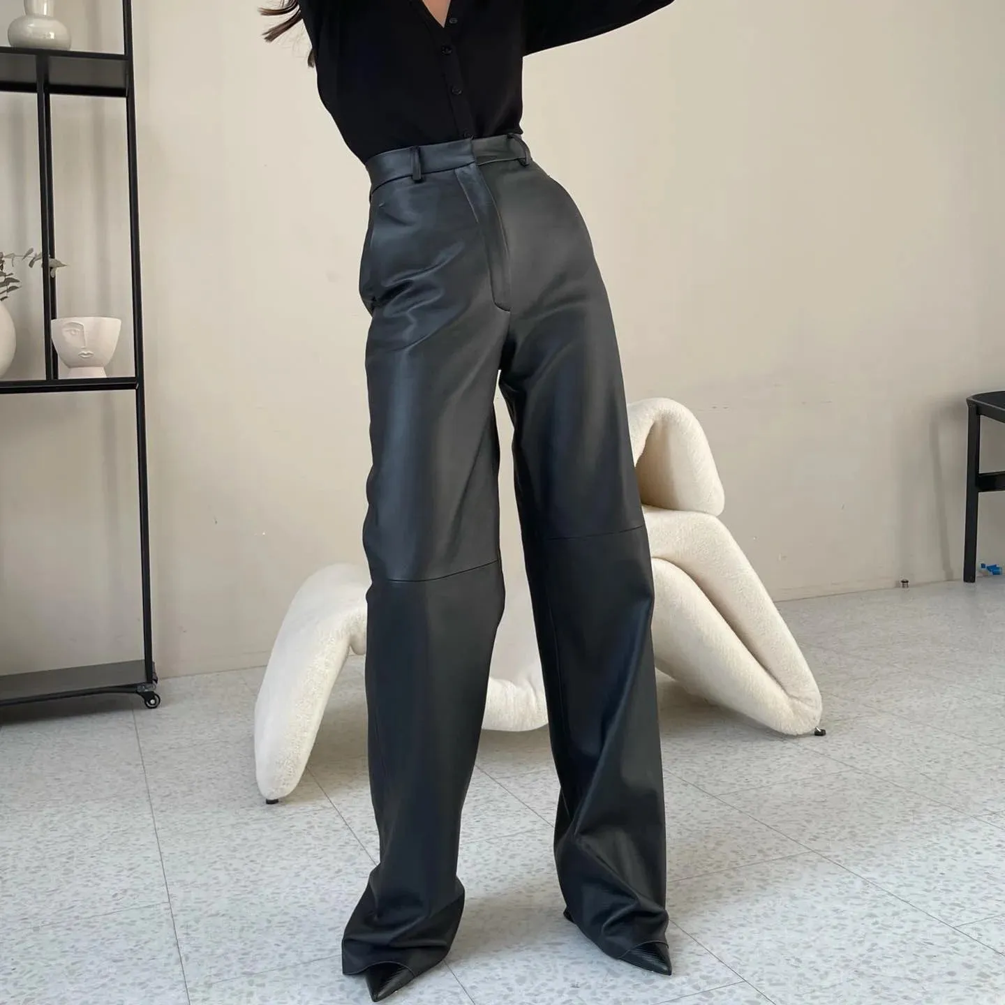Black PU Leather High Rise Pants