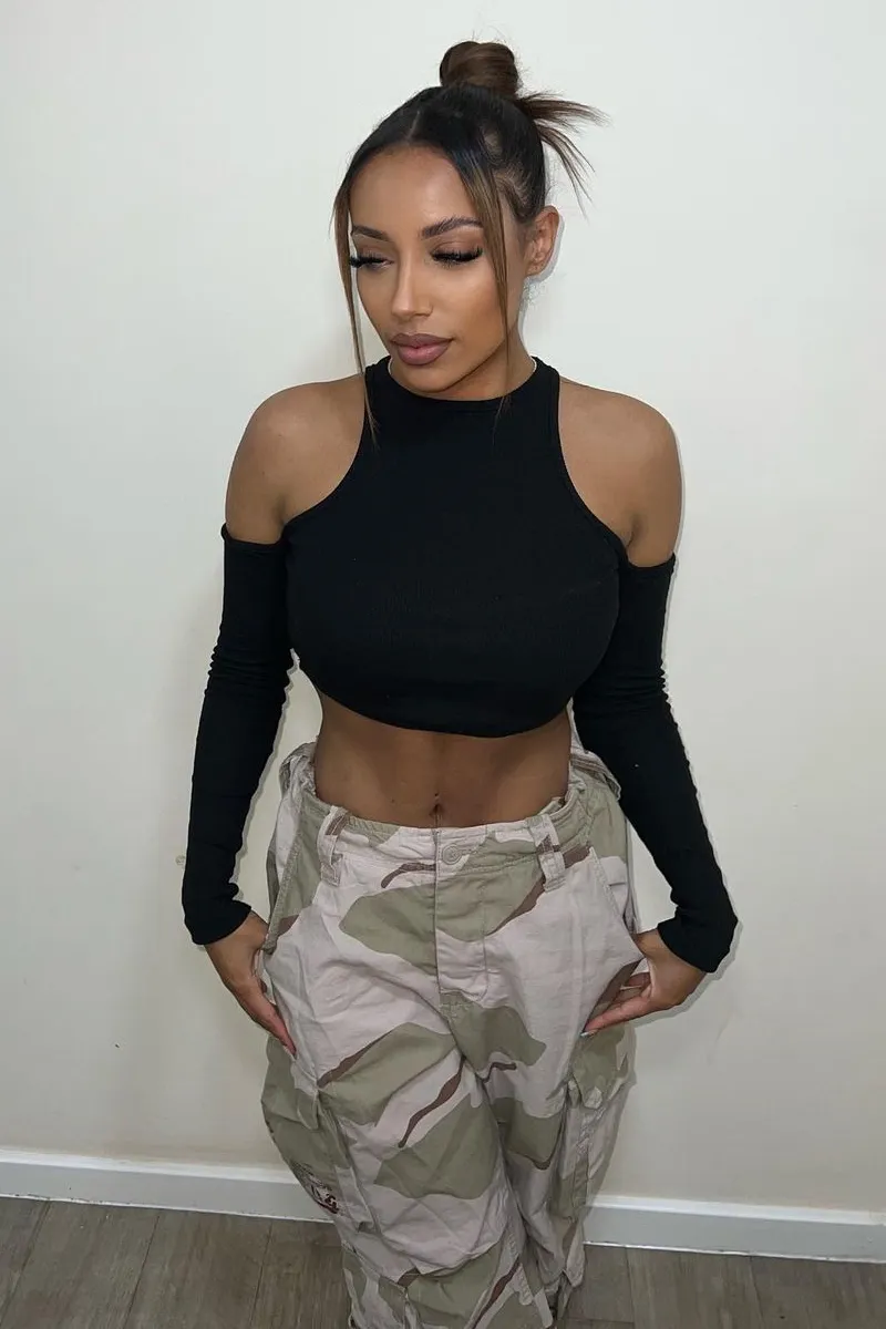 Black Ribbed Cut Out Shoulders Crop Top - Tyra
