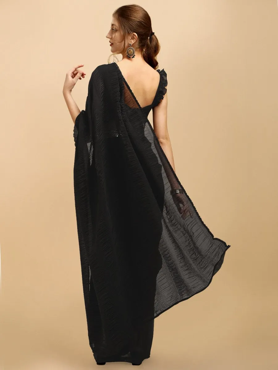 Black Solid Ruffled Silk Blend Saree With Embellished Belt