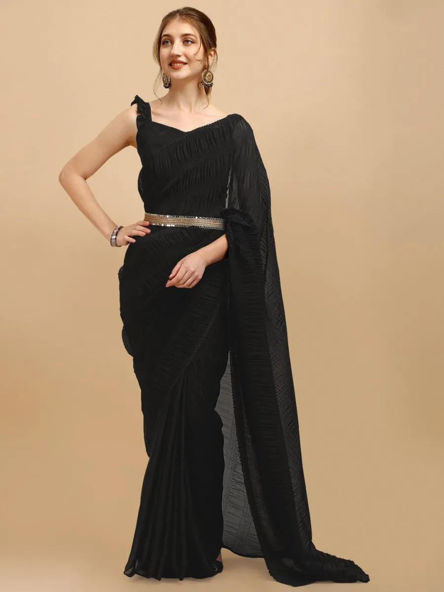 Black Solid Ruffled Silk Blend Saree With Embellished Belt