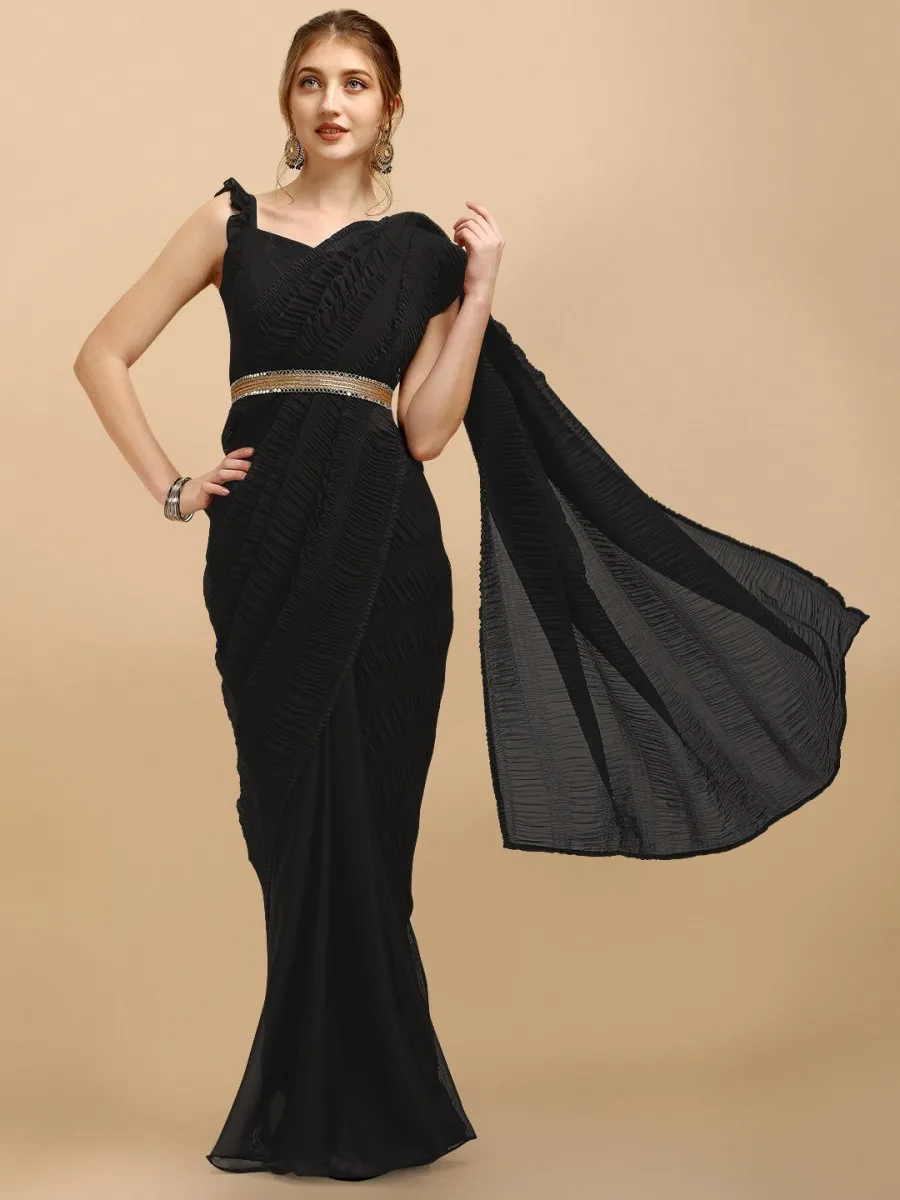 Black Solid Ruffled Silk Blend Saree With Embellished Belt