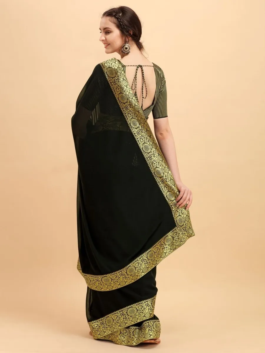 Black Solid Woven Border Saree with Woven Blouse