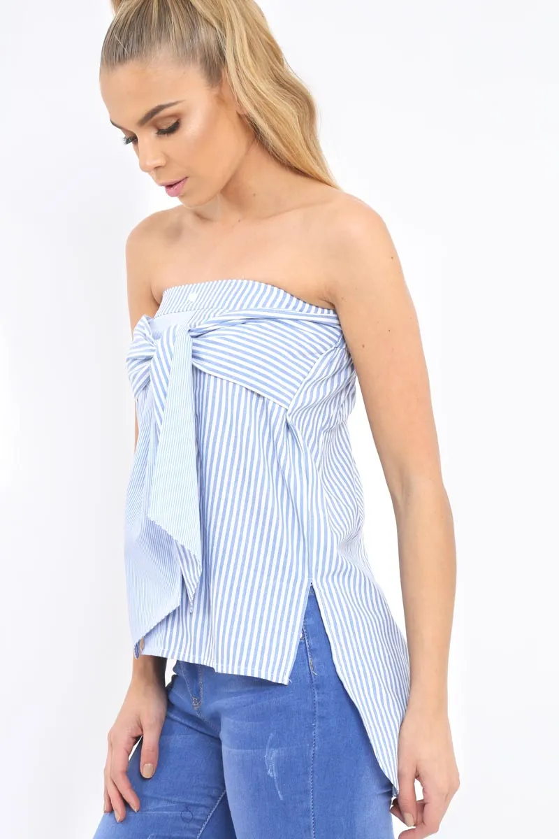 Blue Stripe Bardot Tie Around The Waist Top - Harriet