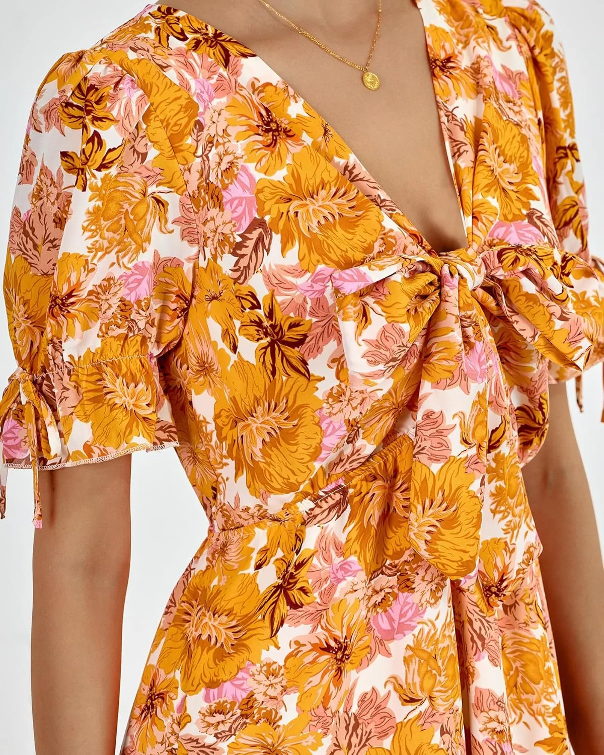 BTFBM 2025 Womens Summer Boho Dress Tie Front Deep V Neck Cutout Short Sleeve Casual Party Floral Beach Maxi Dresses