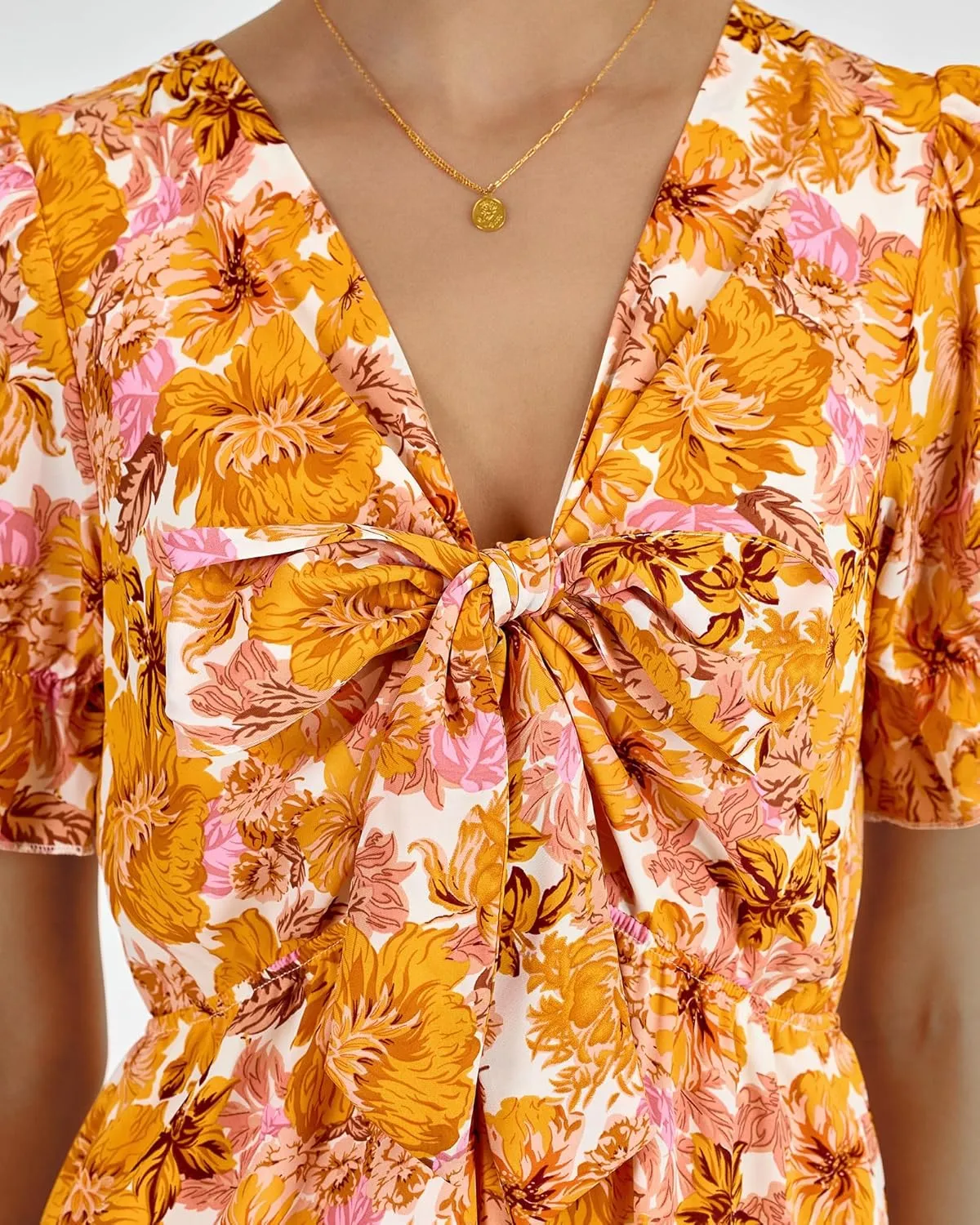 BTFBM 2025 Womens Summer Boho Dress Tie Front Deep V Neck Cutout Short Sleeve Casual Party Floral Beach Maxi Dresses