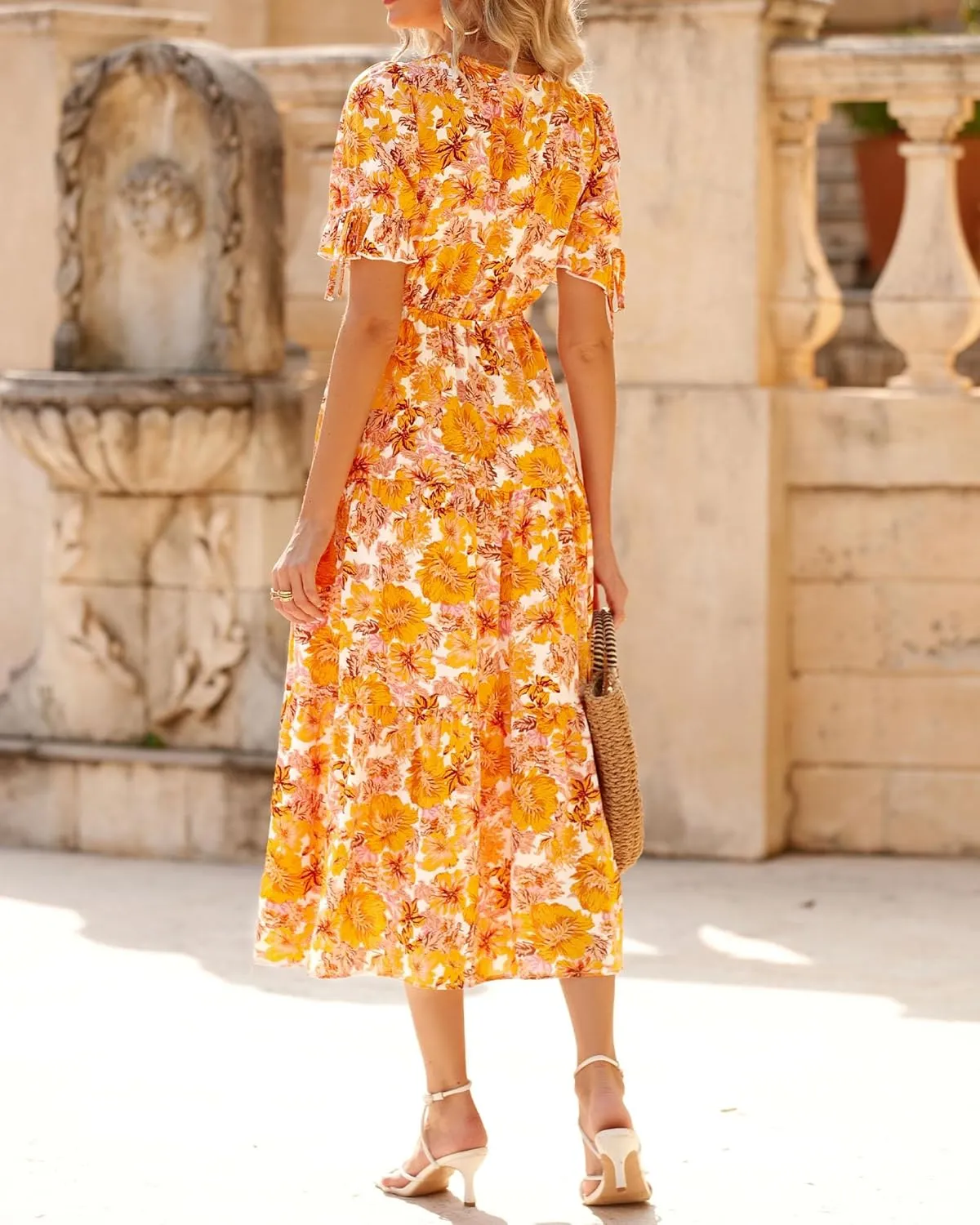 BTFBM 2025 Womens Summer Boho Dress Tie Front Deep V Neck Cutout Short Sleeve Casual Party Floral Beach Maxi Dresses