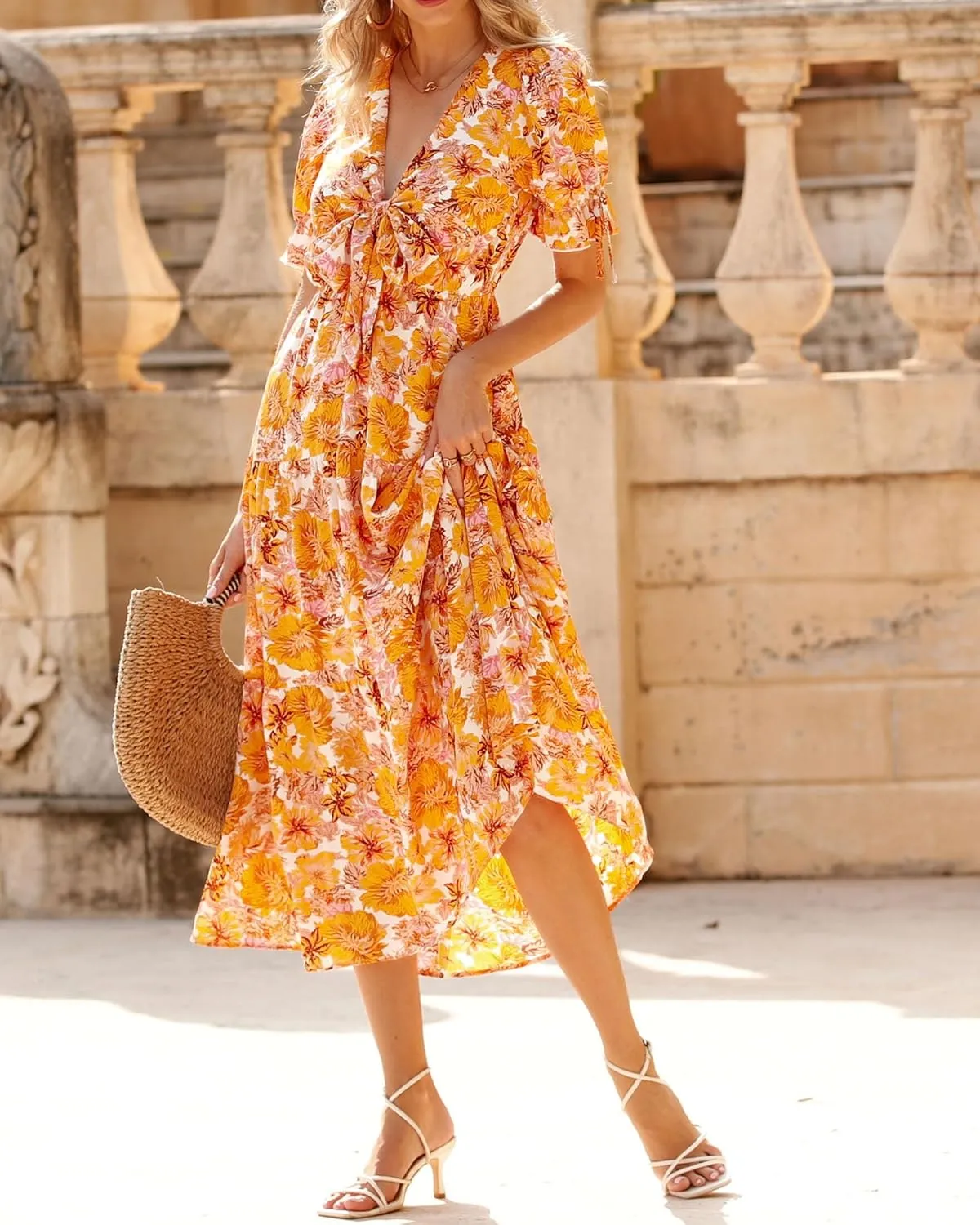 BTFBM 2025 Womens Summer Boho Dress Tie Front Deep V Neck Cutout Short Sleeve Casual Party Floral Beach Maxi Dresses