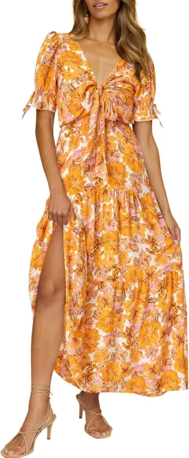 BTFBM 2025 Womens Summer Boho Dress Tie Front Deep V Neck Cutout Short Sleeve Casual Party Floral Beach Maxi Dresses