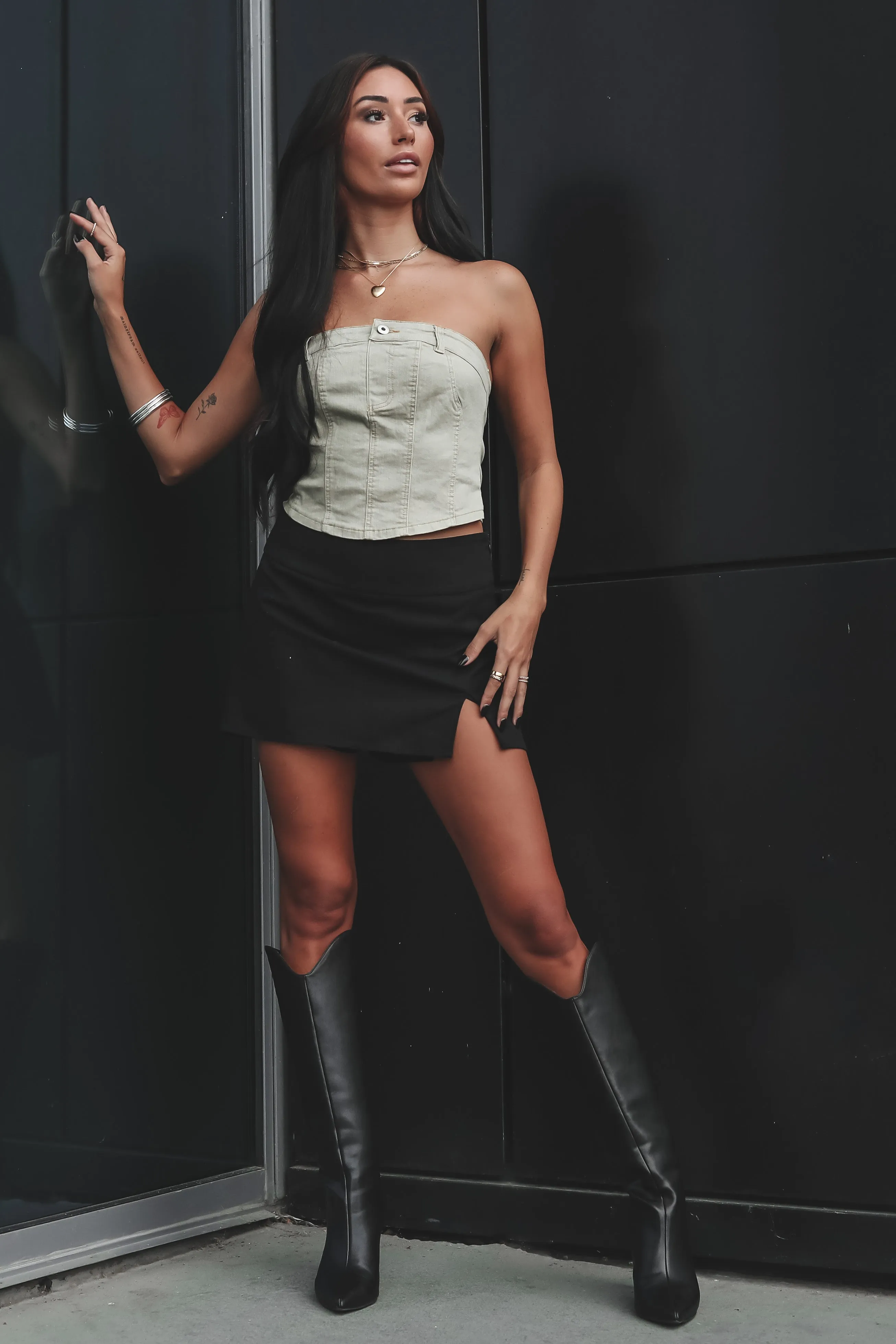 Calling The Shots Olive Denim Tube Top