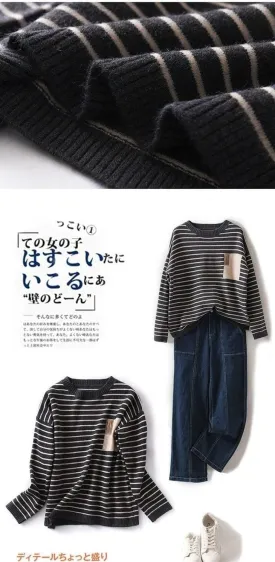 Casual Striped Knit Sweater, Crew Neck, Long Sleeve Pullover, Available in Gray, Navy, Black