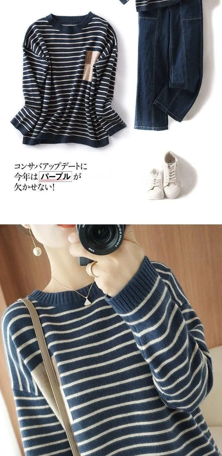 Casual Striped Knit Sweater, Crew Neck, Long Sleeve Pullover, Available in Gray, Navy, Black