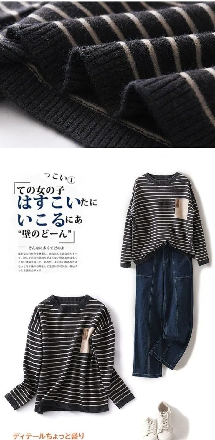 Casual Striped Knit Sweater, Crew Neck, Long Sleeve Pullover, Available in Gray, Navy, Black
