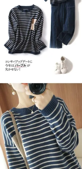 Casual Striped Knit Sweater, Crew Neck, Long Sleeve Pullover, Available in Gray, Navy, Black