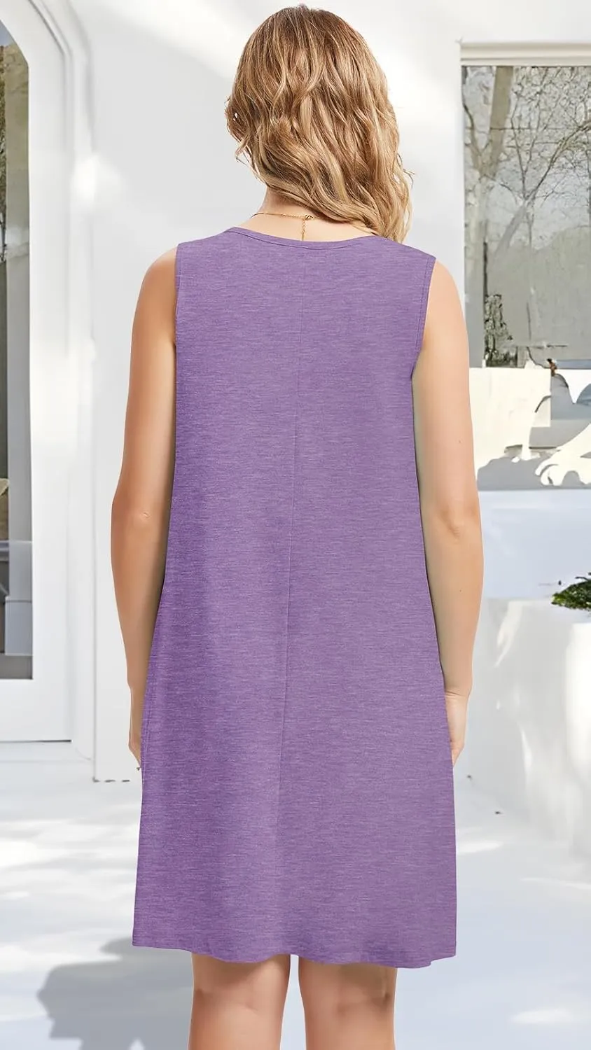 CHICGAL Womens Summer Dresses Casual Loose Pleated Front Tshirt Sleeveless Tank Sundresses with Pockets