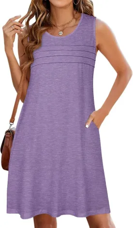 CHICGAL Womens Summer Dresses Casual Loose Pleated Front Tshirt Sleeveless Tank Sundresses with Pockets