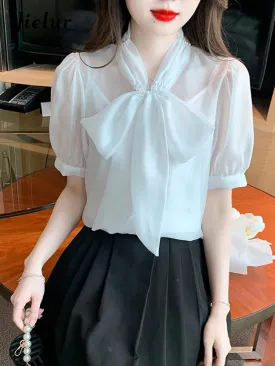 Chiffon Bow Lace-up Women's Blouse Korean Style Sweet V-neck Solid Color Puff Sleeve Chic Fashion Female Elegant Workwear